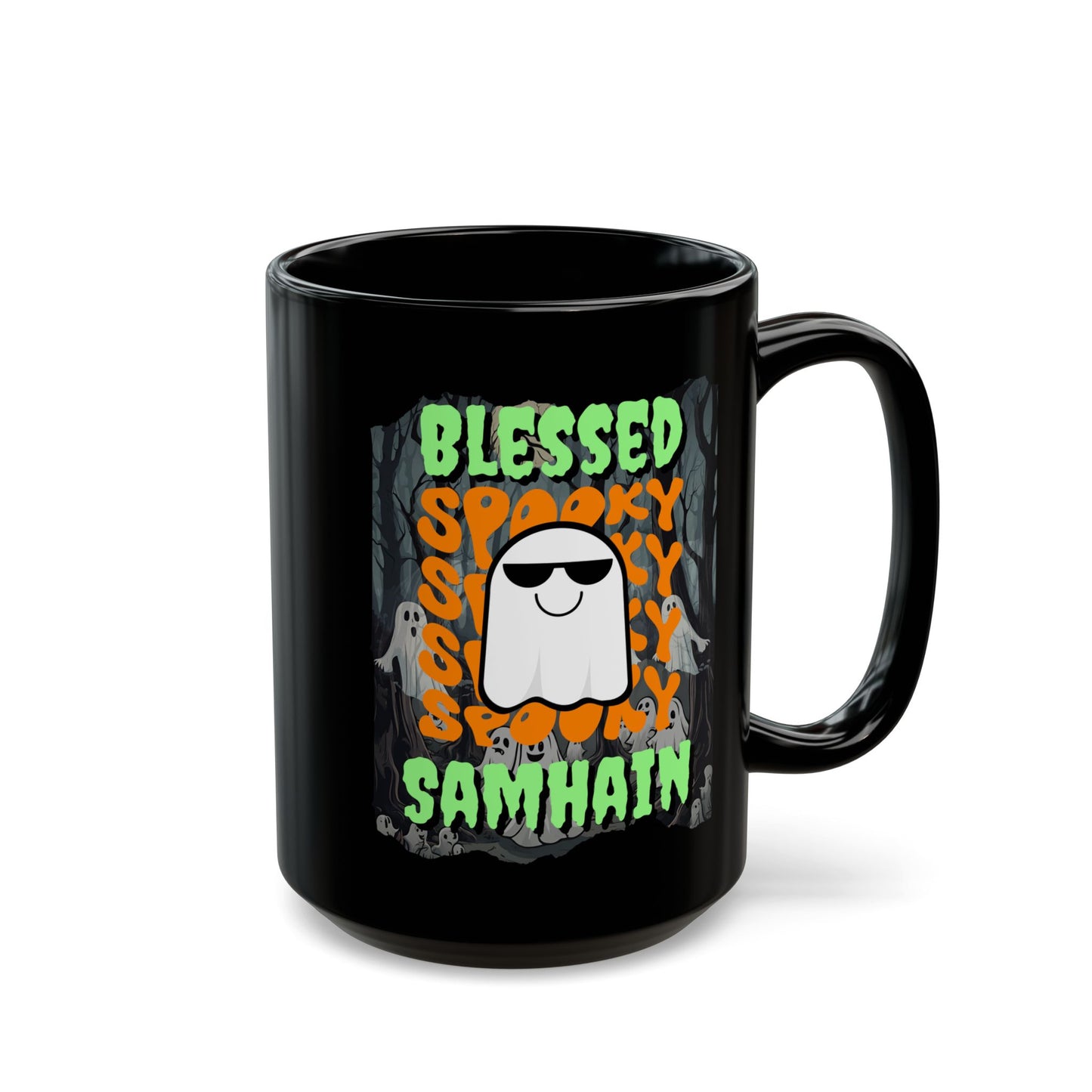Spooky Blessed Samhain Ghost Green font Black Mug by CreepyCrafts.boo