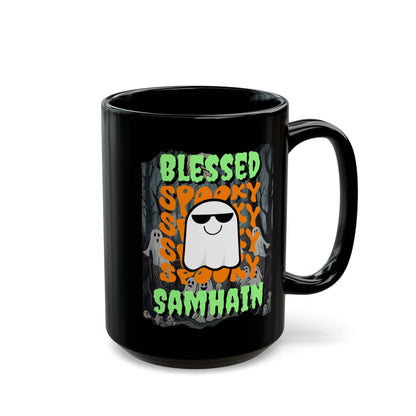 Spooky Blessed Samhain Ghost Green font Black Mug by CreepyCrafts.boo