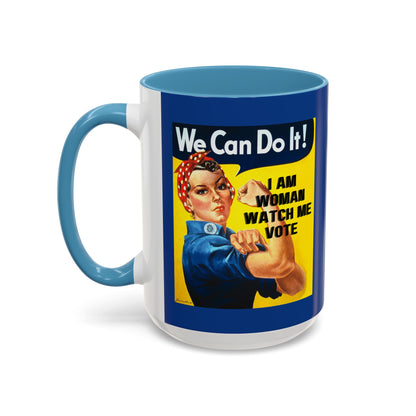 I Am Woman Watch Me Vote Rosie Dark Blue Accent Mug by cypherpunkgear.com