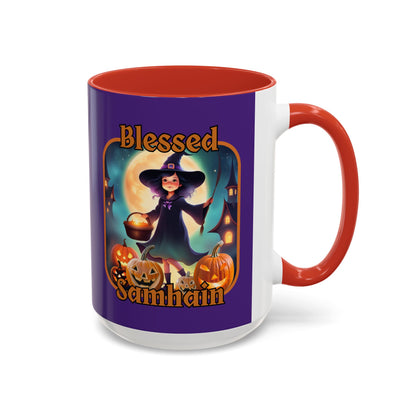 Blessed Samhain Little Witch Orange font Purple Accent Mug by CreepyCrafts.boo