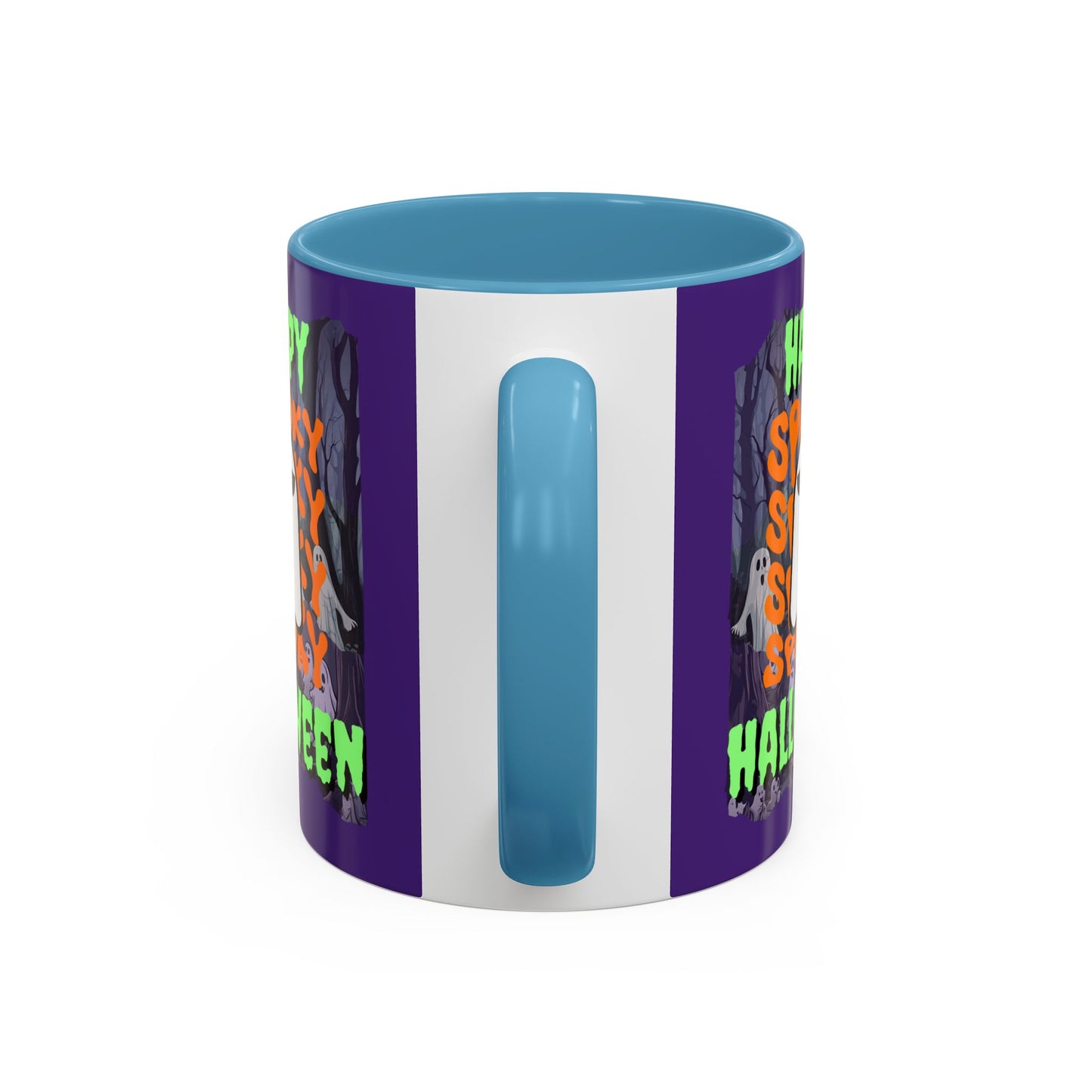 Spooky Happy Halloween Ghost Green font Purple Accent Mug by CreepyCrafts.boo