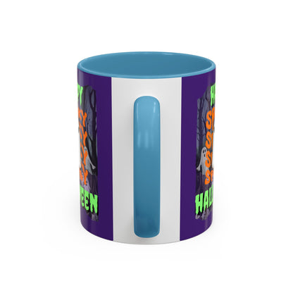 Spooky Happy Halloween Ghost Green font Purple Accent Mug by CreepyCrafts.boo