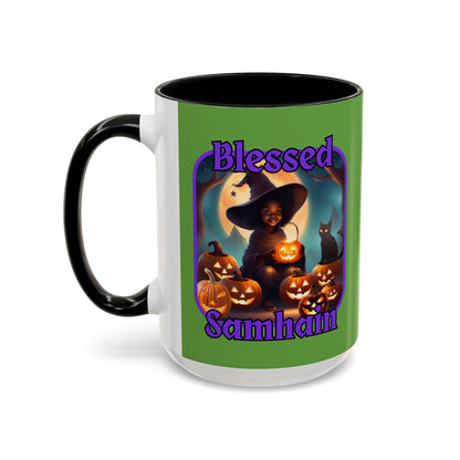 Blessed Samhain Cute Witch Purple font Green Accent Mug by CreepyCrafts.boo