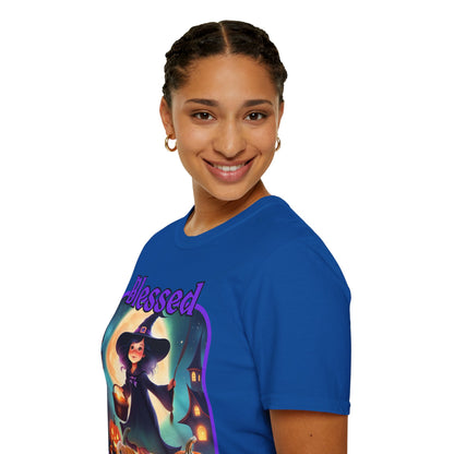 Blessed Samhain Little Witch Purple font Dark colors Unisex T-Shirt by CreepyCrafts.boo