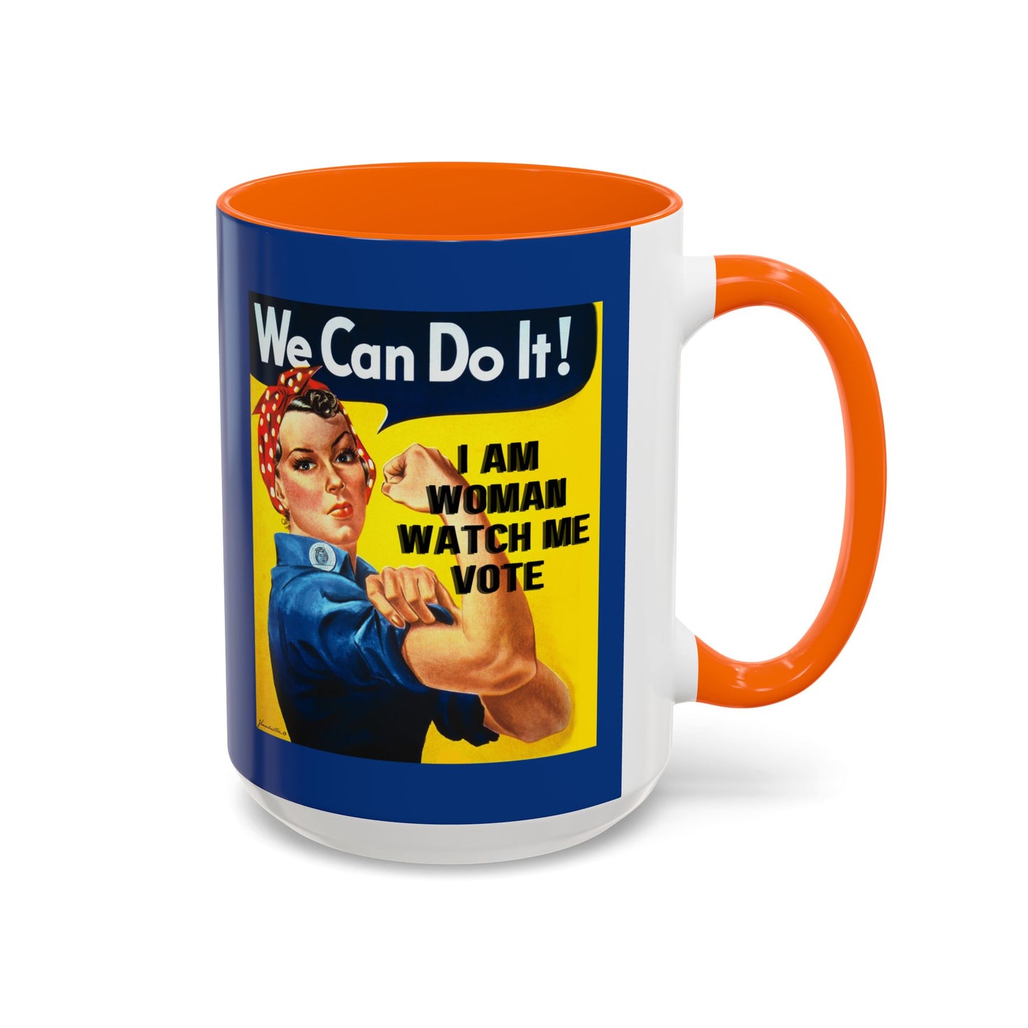 I Am Woman Watch Me Vote Rosie Dark Blue Accent Mug by cypherpunkgear.com