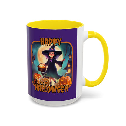 Happy Halloween Little Witch Orange font Purple Accent Mug by CreepyCrafts.boo