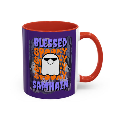 Spooky Blessed Samhain Ghost Purple font Accent Mug by CreepyCrafts.boo