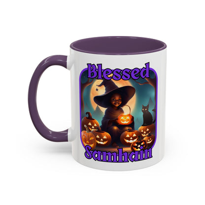 Blessed Samhain Cute Witch Purple font White Accent Mug by CreepyCrafts.boo