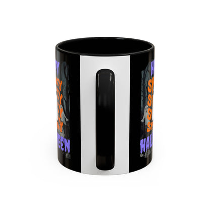 Spooky Happy Halloween Ghost Purple font Black Accent Mug by CreepyCrafts.boo