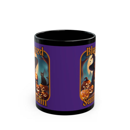Blessed Samhain Cute Witch Orange font Purple Mug by CreepyCrafts.boo