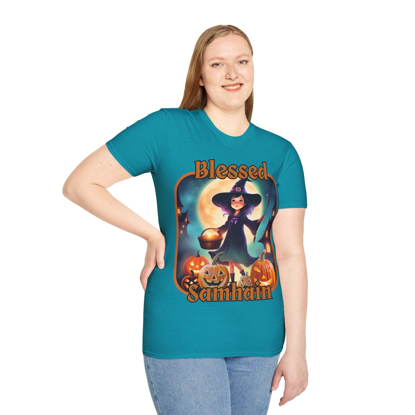Blessed Samhain Little Witch Orange font Dark colors Unisex T-Shirt by CreepyCrafts.boo