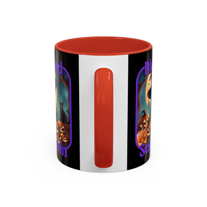 Blessed Samhain Cute Witch Purple font Black Accent Mug by CreepyCrafts.boo