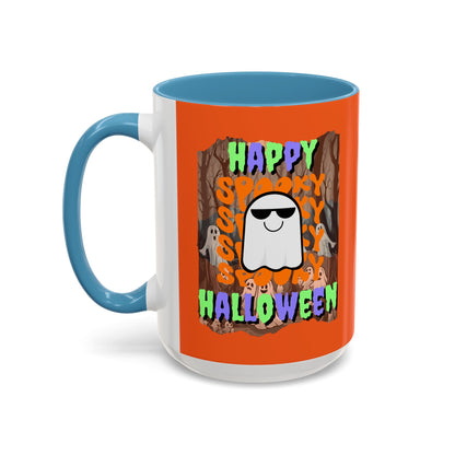 Spooky Happy Halloween Ghost Mixed font Orange Accent Mug by CreepyCrafts.boo