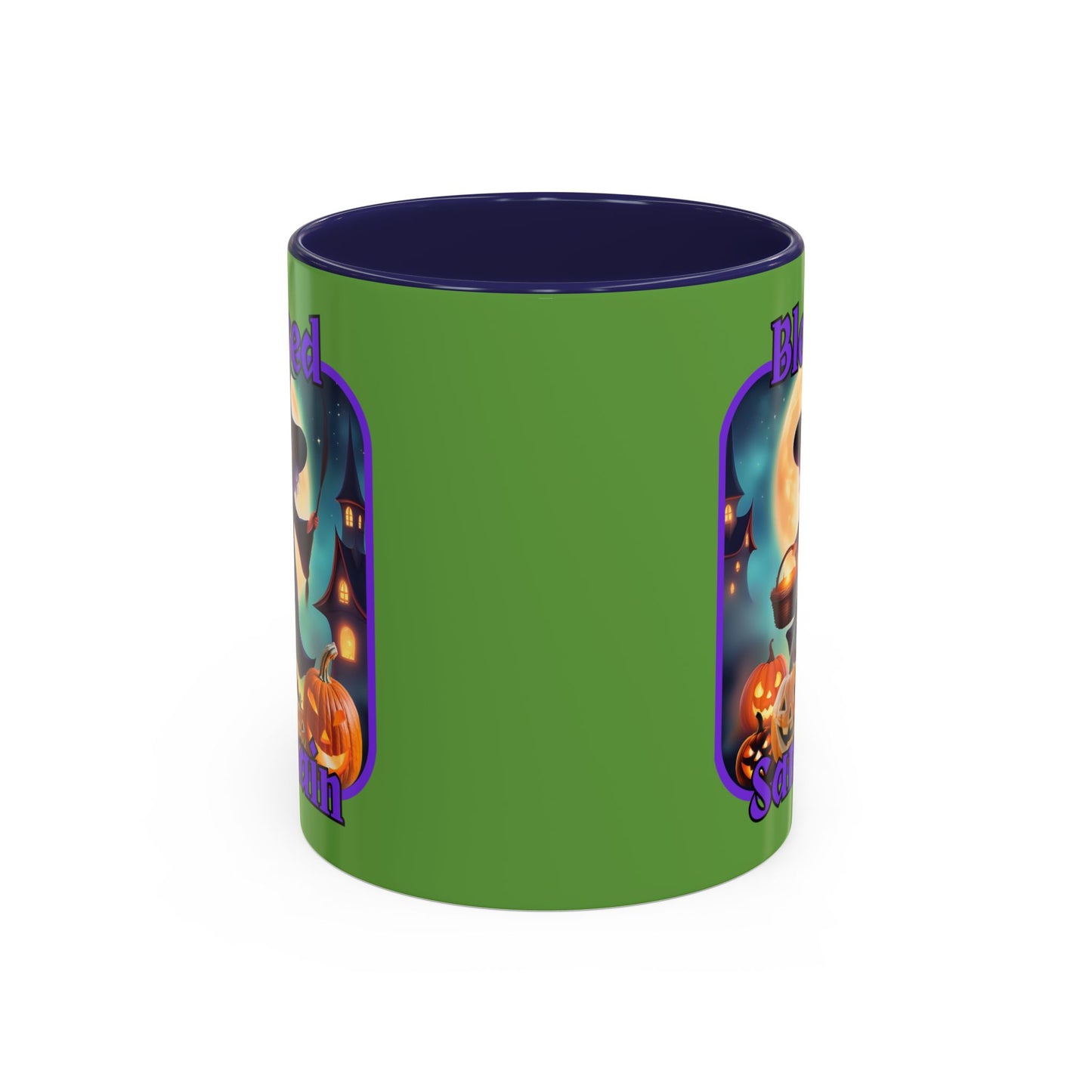 Blessed Samhain Little Witch Purple font Green Accent Mug by CreepyCrafts.boo