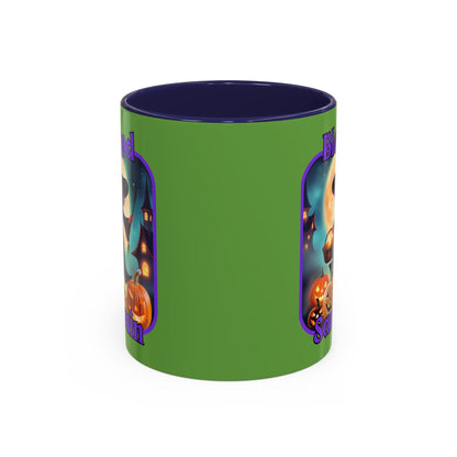 Blessed Samhain Little Witch Purple font Green Accent Mug by CreepyCrafts.boo