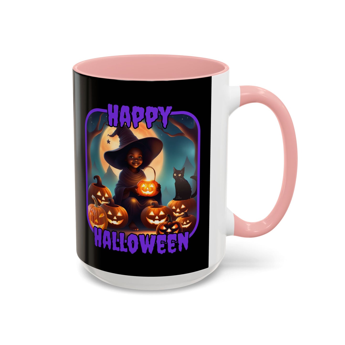 Happy Halloween Cute Witch Purple font Black Accent Mug by CreepyCrafts.boo