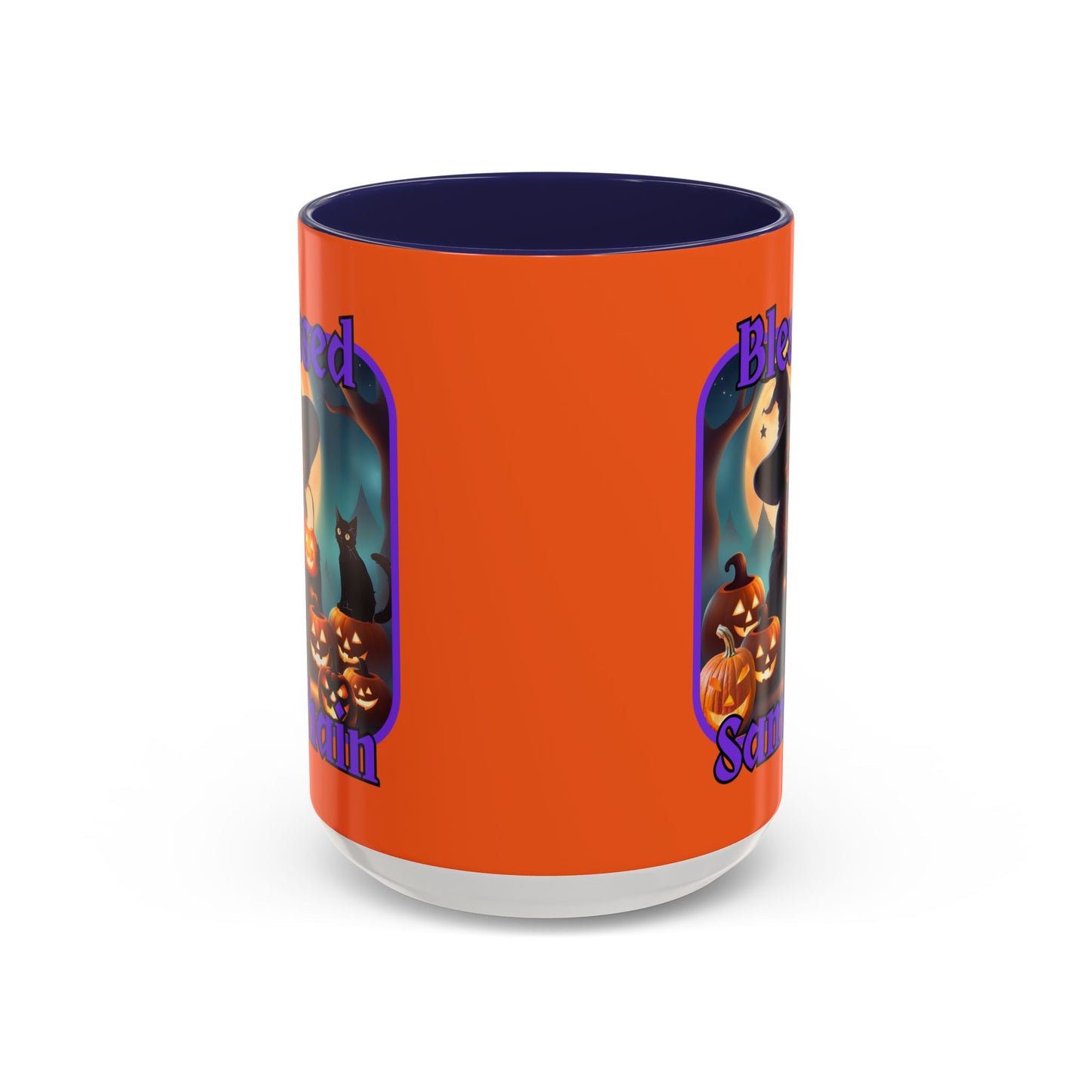 Blessed Samhain Cute Witch Purple font Orange Accent Mug by CreepyCrafts.boo