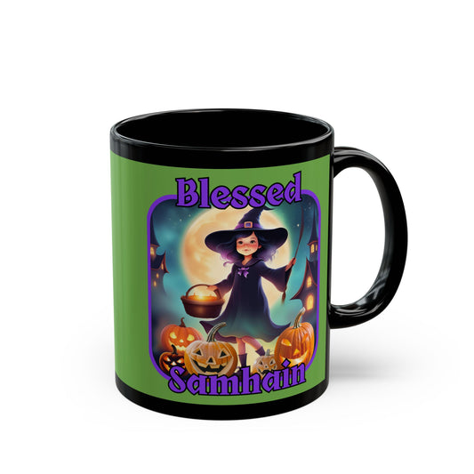 Blessed Samhain Little Witch Purple font Green Mug by CreepyCrafts.boo