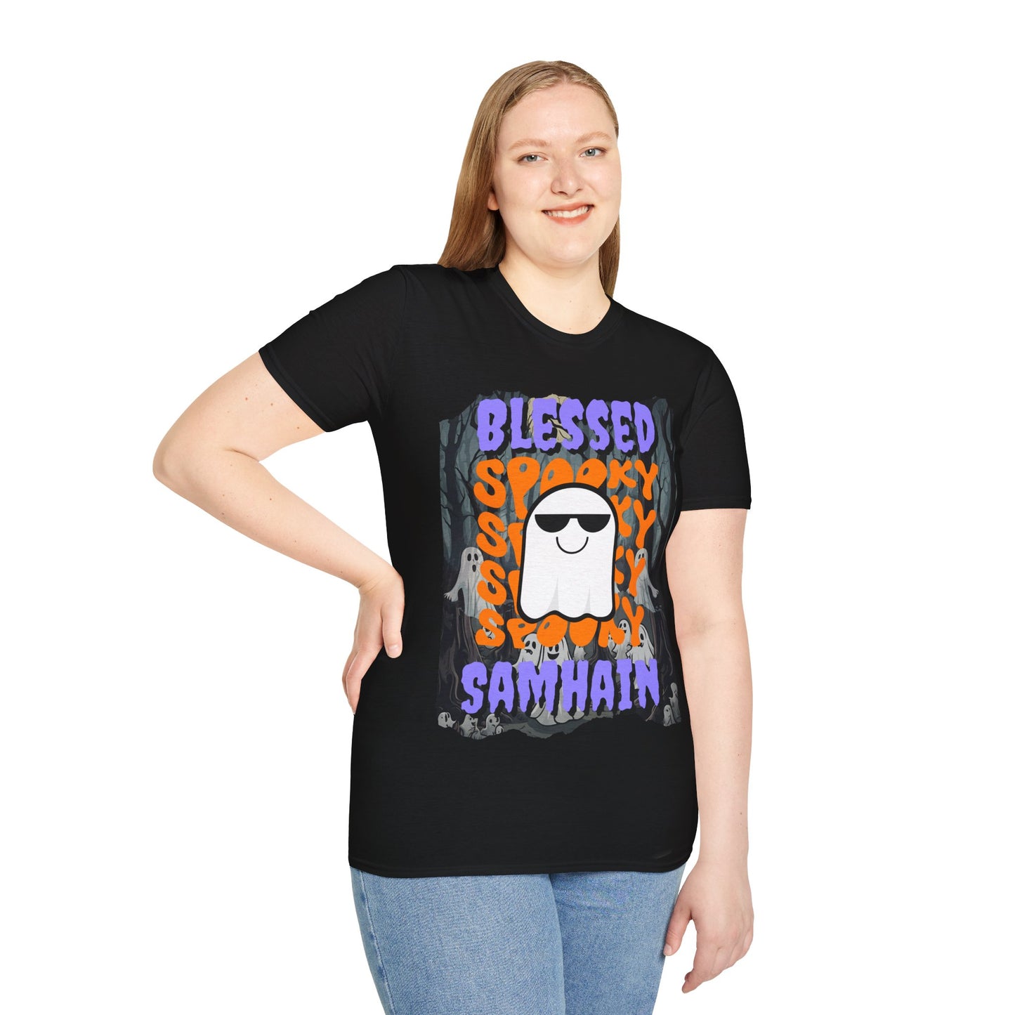 Spooky Blessed Samhain Ghost Purple font Unisex T-Shirt by CreepyCrafts.boo