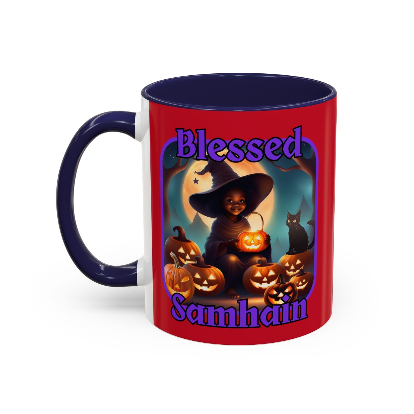 Blessed Samhain Cute Witch Purple font Red Accent Mug by CreepyCrafts.boo