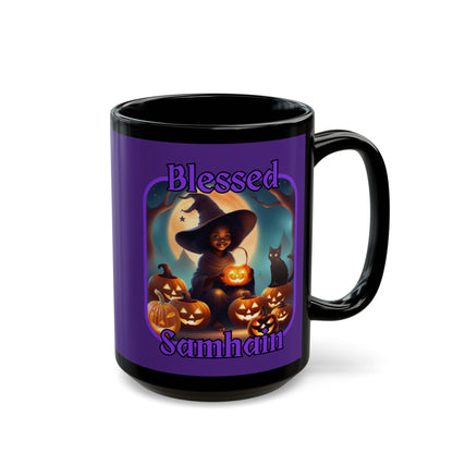 Blessed Samhain Cute Witch Purple font Purple Mug by CreepyCrafts.boo