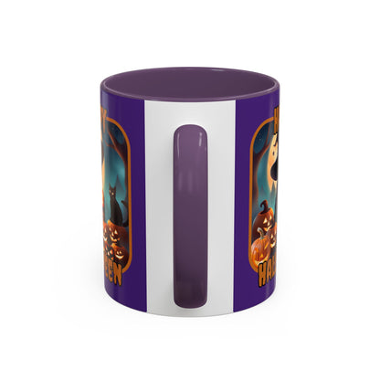 Happy Halloween Cute Witch Orange font Purple Accent Mug by CreepyCrafts.boo