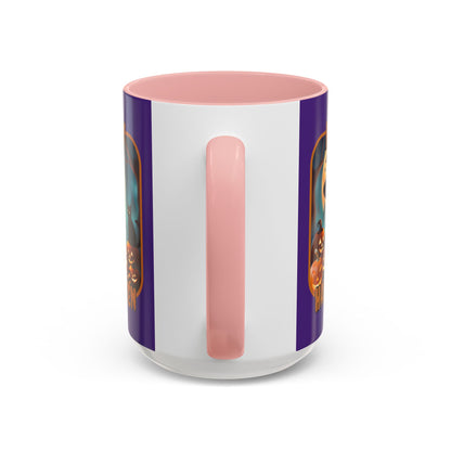 Happy Halloween Cute Witch Orange font Purple Accent Mug by CreepyCrafts.boo