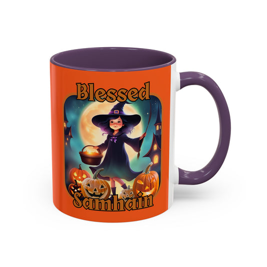 Blessed Samhain Little Witch Orange font Orange Accent Mug by CreepyCrafts.boo