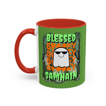 Spooky Blessed Samhain Ghost Green font Accent Mug by CreepyCrafts.boo