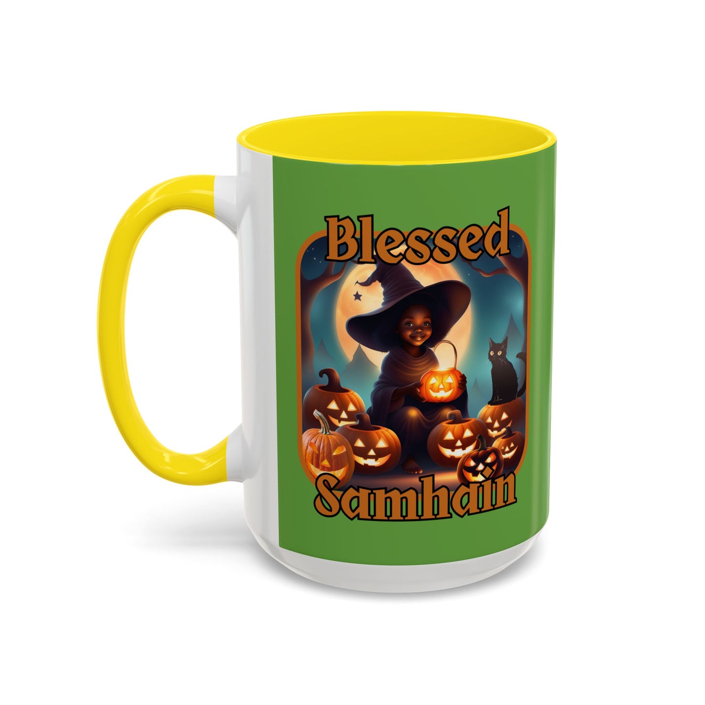 Blessed Samhain Cute Witch Orange font Green Accent Mug by CreepyCrafts.boo