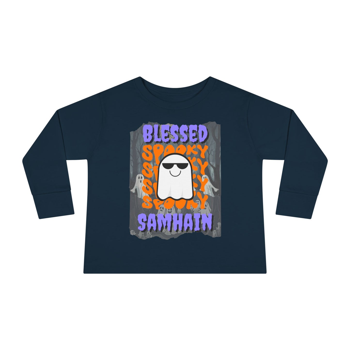 Spooky Blessed Samhain Ghost Purple font Toddler Long Sleeve Tee by CreepyCrafts.boo