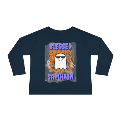 Spooky Blessed Samhain Ghost Purple font Toddler Long Sleeve Tee by CreepyCrafts.boo