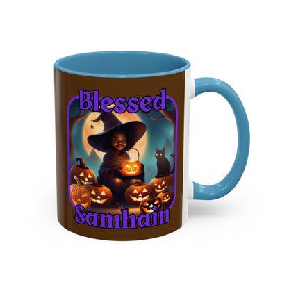 Blessed Samhain Cute Witch Purple font Brown Accent Mug by CreepyCrafts.boo