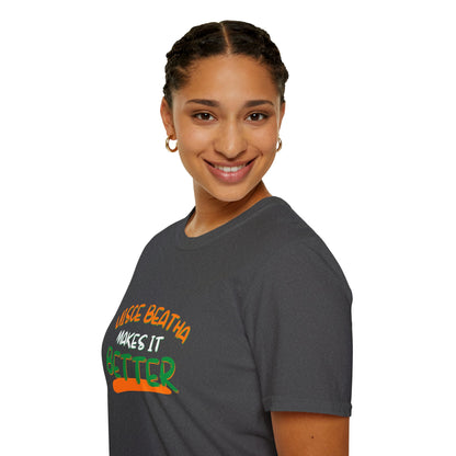 Uisce Beatha makes it better Orange, White, and Green font Dark colors Unisex T-Shirt by cypherpunkgear.com