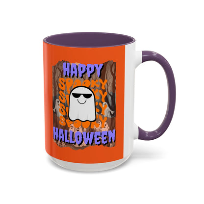 Spooky Happy Halloween Ghost Purple font Orange Accent Mug by CreepyCrafts.boo