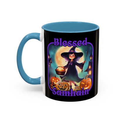 Blessed Samhain Little Witch Purple font Black Accent Mug by CreepyCrafts.boo