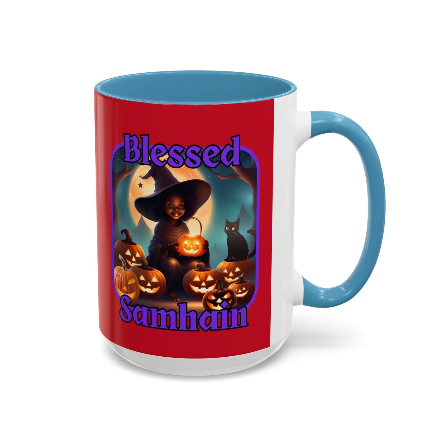 Blessed Samhain Cute Witch Purple font Red Accent Mug by CreepyCrafts.boo