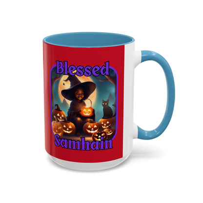 Blessed Samhain Cute Witch Purple font Red Accent Mug by CreepyCrafts.boo