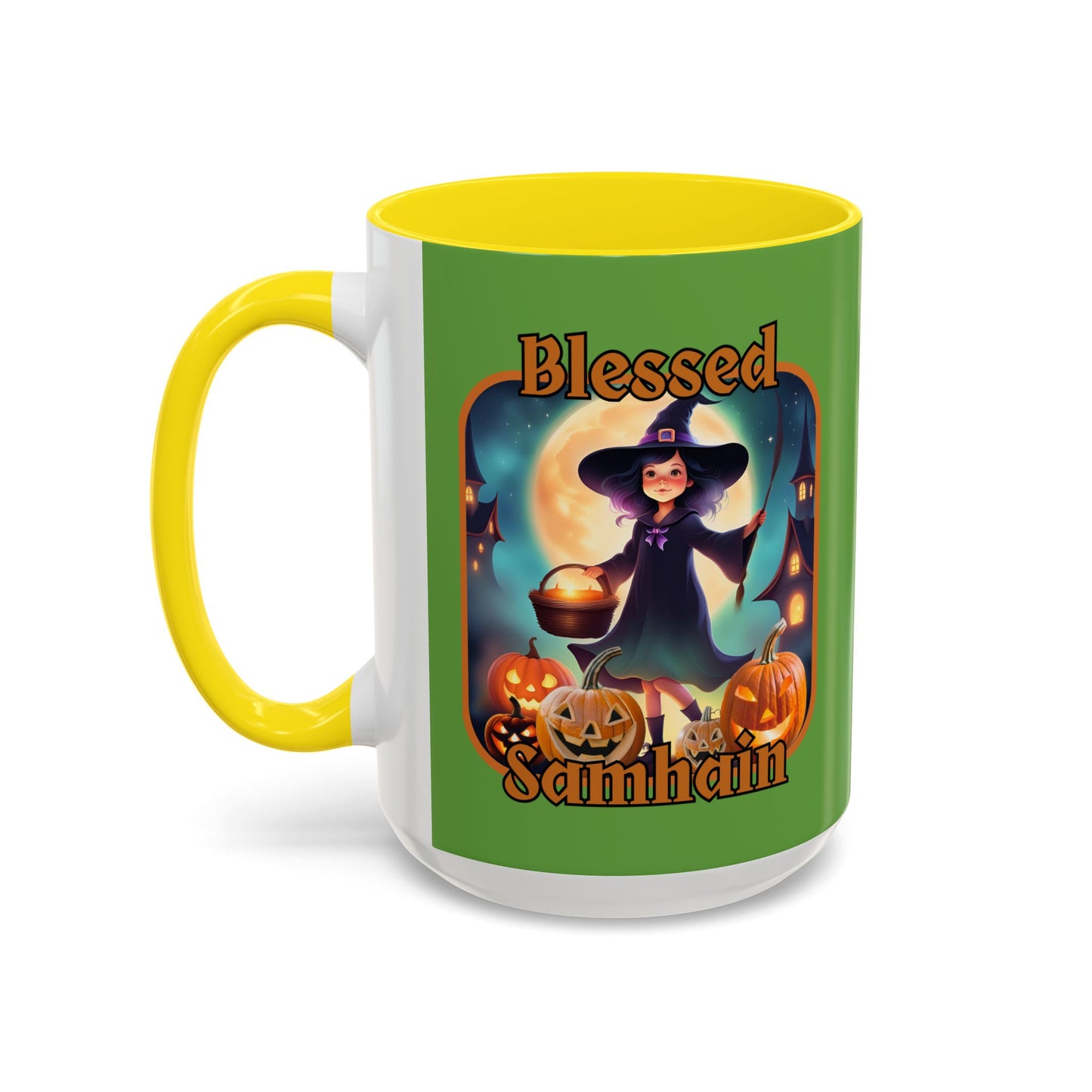 Blessed Samhain Little Witch Orange font Green Accent Mug by CreepyCrafts.boo