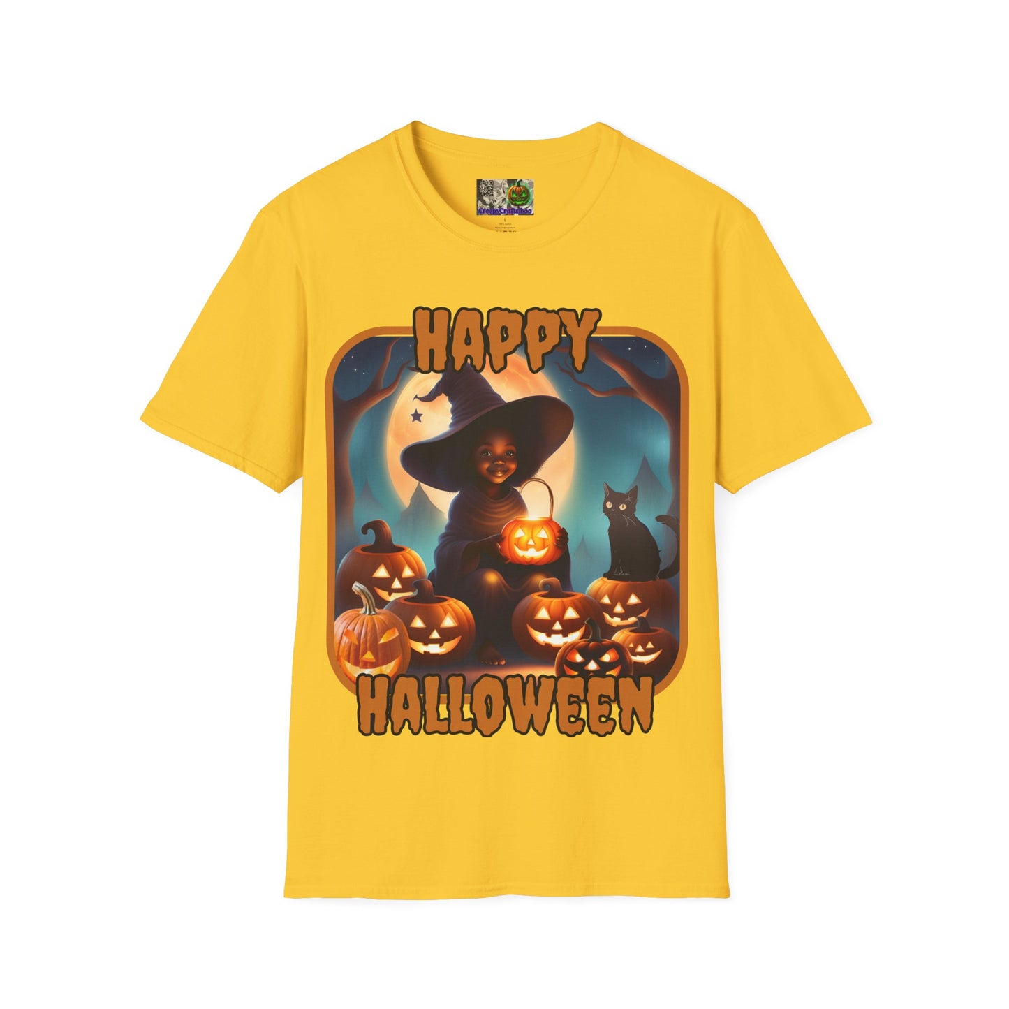 Happy Halloween Cute Witch Orange font, Light colors, Unisex T-Shirt by CreepyCrafts.boo