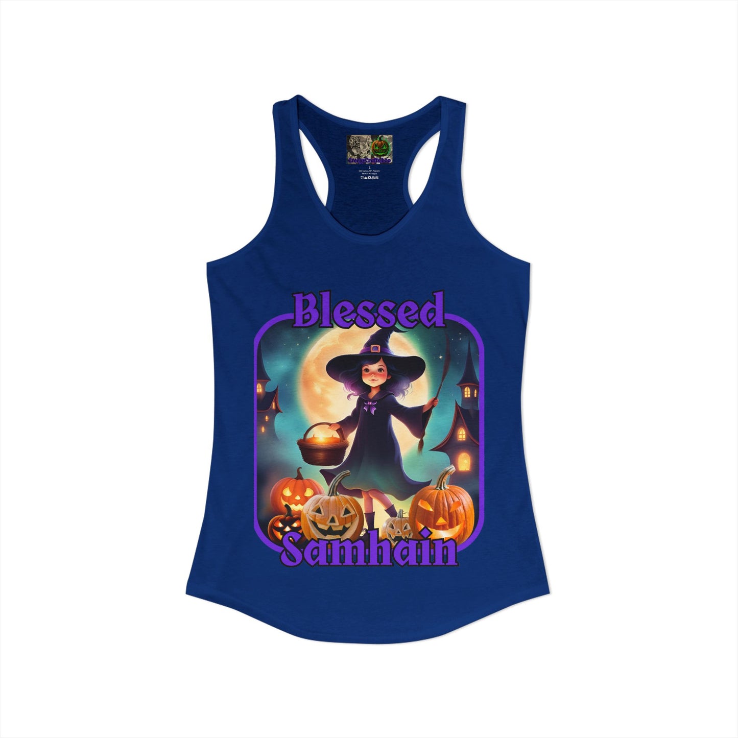 Blessed Samhain Little Witch Purple font Women's Racerback Tank Top by CreepyCrafts.boo