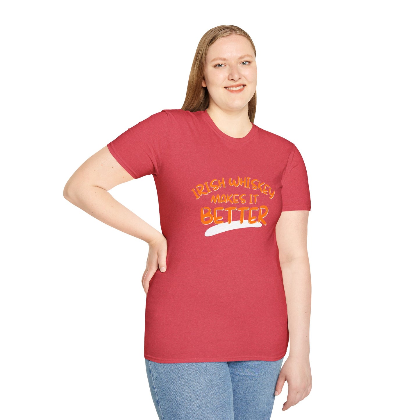 Irish Whiskey makes it better Orange font Light colors Unisex T-Shirt by cypherpunkgear.com