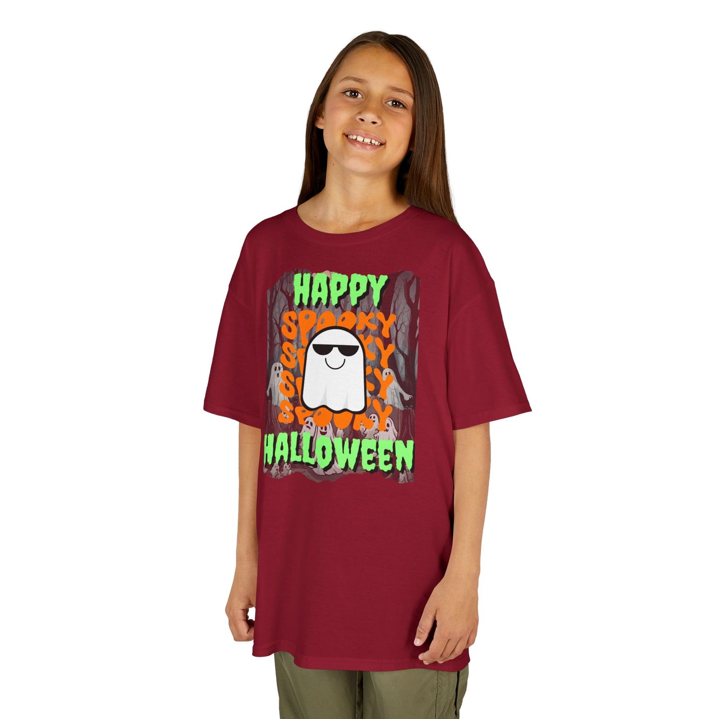 Spooky Happy Halloween Ghost Green font Kids Heavy Cotton™ Tee by CreepyCrafts.boo