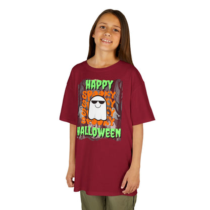 Spooky Happy Halloween Ghost Green font Kids Heavy Cotton™ Tee by CreepyCrafts.boo