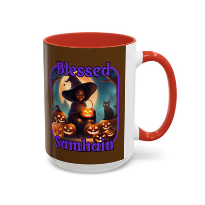Blessed Samhain Cute Witch Purple font Brown Accent Mug by CreepyCrafts.boo