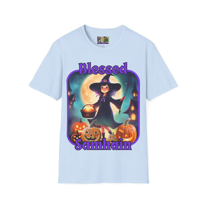 Blessed Samhain Little Witch Purple font Light colors Unisex T-Shirt by CreepyCrafts.boo