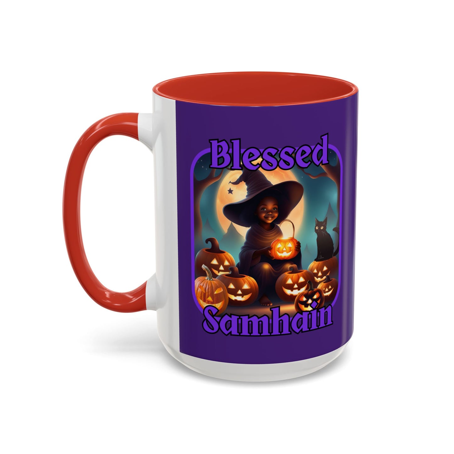 Blessed Samhain Cute Witch Purple font Purple Accent Mug by CreepyCrafts.boo