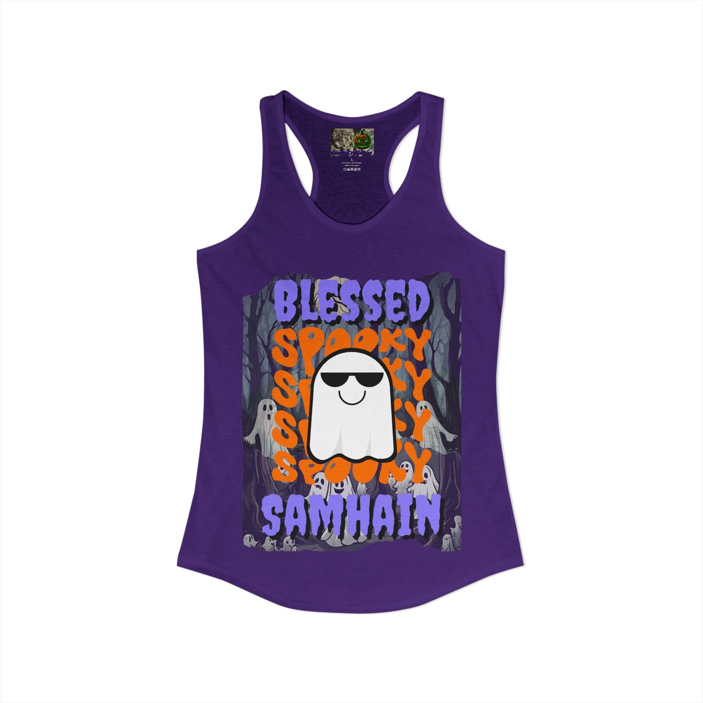 Spooky Blessed Samhain Ghost Purple font Women's Racerback Tank Top by CreepyCrafts.boo