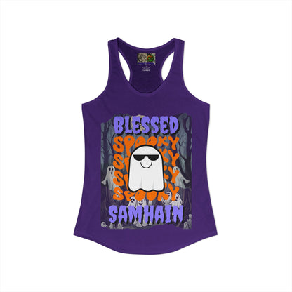 Spooky Blessed Samhain Ghost Purple font Women's Racerback Tank Top by CreepyCrafts.boo