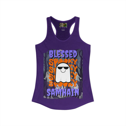 Spooky Blessed Samhain Ghost Purple font Women's Racerback Tank Top by CreepyCrafts.boo